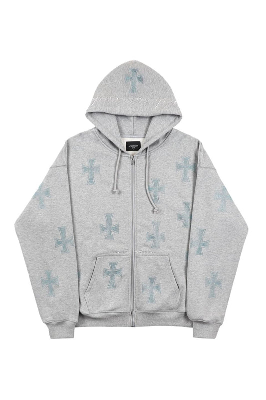 Grey With Baby Blue Crosses Rhinestone Zip Hoodie