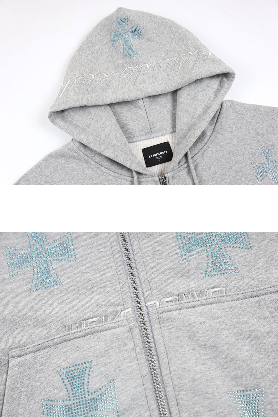 Grey With Baby Blue Crosses Rhinestone Zip Hoodie