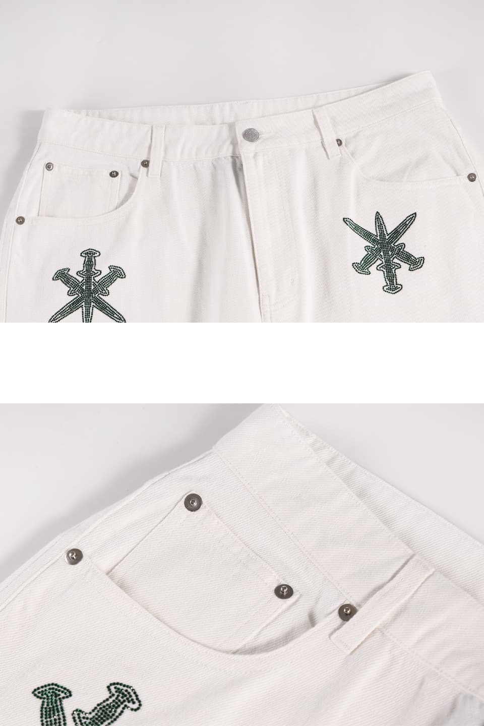 Cream / Green Rhinestone Dagger Denim