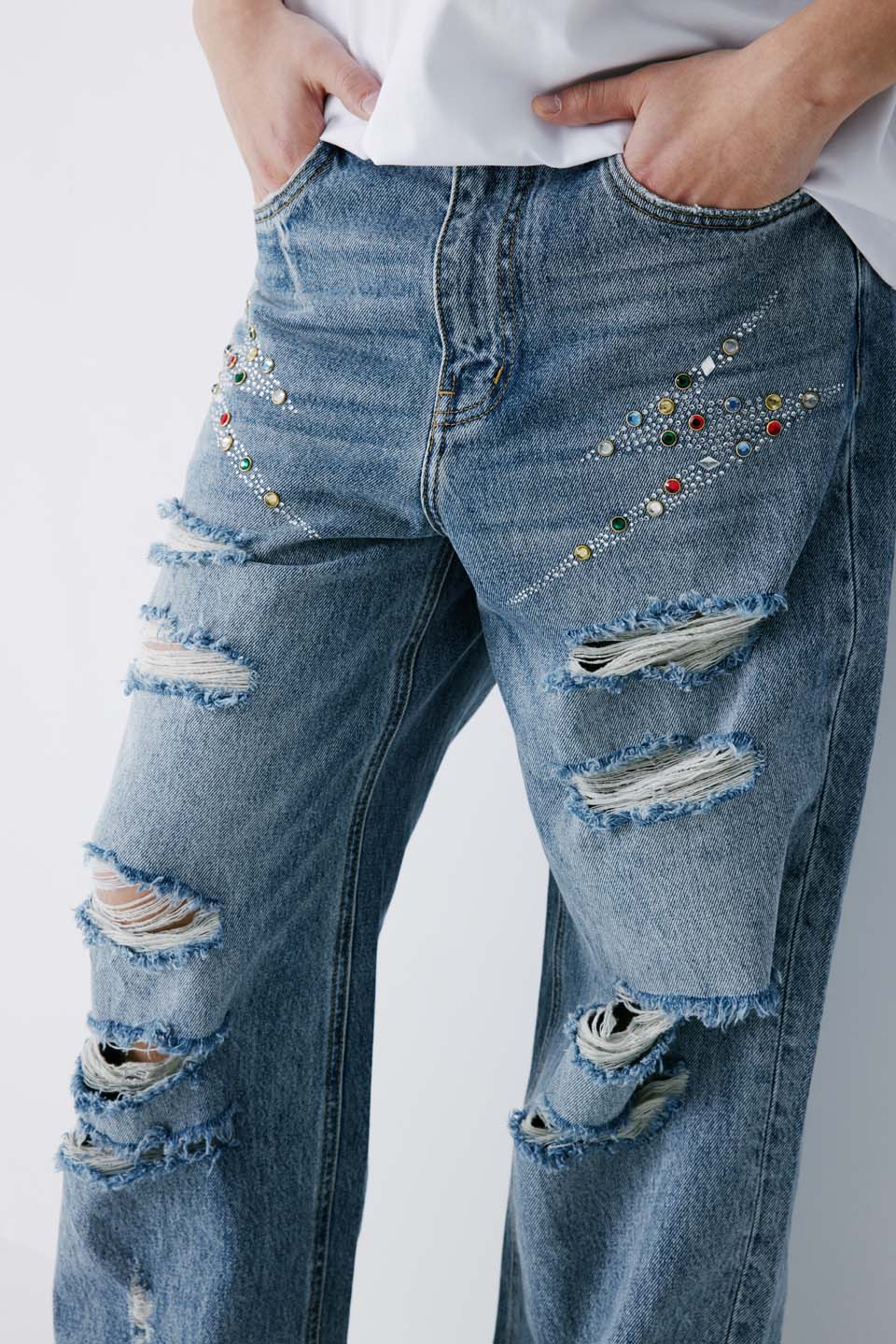 Crashed Rhinestone Wide Denim