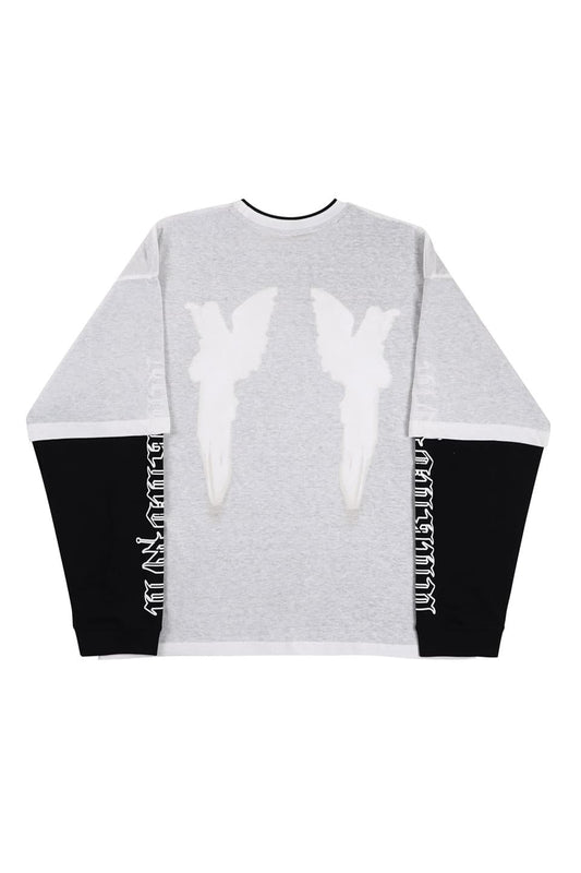 Black And White Double Layer Angel Screen Print Ls Tee