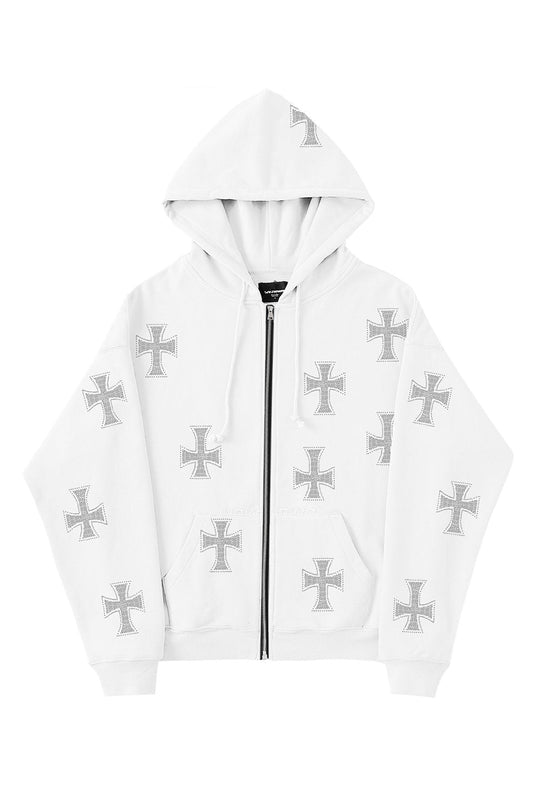 【予約商品】White Cross Rhinestone Zip Hoodie【10月下旬~11月上旬お届け】